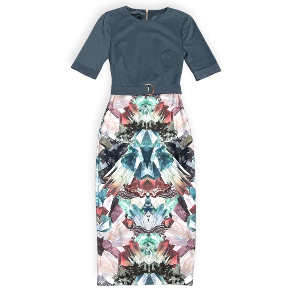 Ted Baker gray multicolor fitted midi dress size 00 Anaste Mirror Minerals Print - Picture 5 of 12